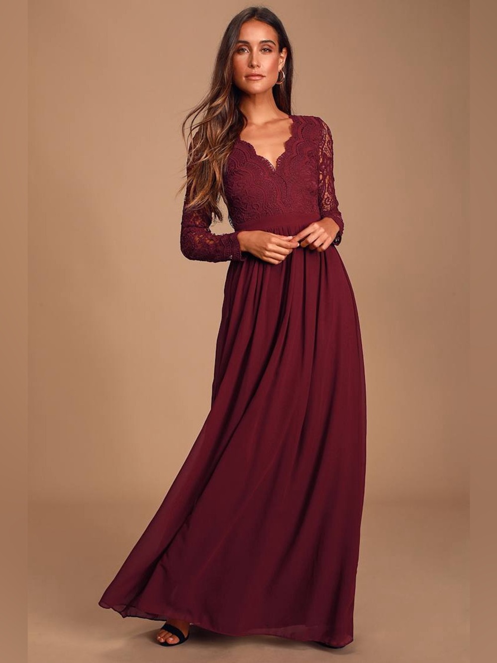 Lulu's Burgundy Lace-Top Long Sleeve Maxi Dress - Size XS